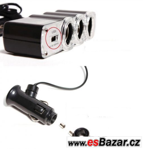 Auto zástrčka 3v1 s USB slotem,12V CL roztrojka do auta nová