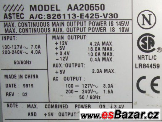 Zdroj Astec AA20650 pro Fujitsu Siemens FUNKČNÍ