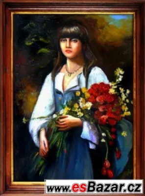 DÍVKA S KYTICÍ olejomalba na plátně - dřevěný rám 800x600mm