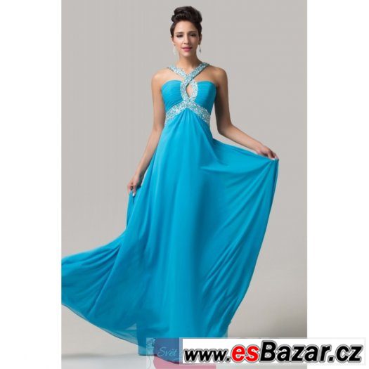 Dlouhé modré plesové šaty