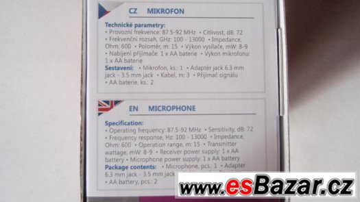 Bezdrátový karaoke mikrofon wireless 3m kabel 6,5 jack nové