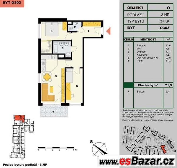 Velkorysý byt 3+kk o ploše 71.5 m2, s balkonem 5.7