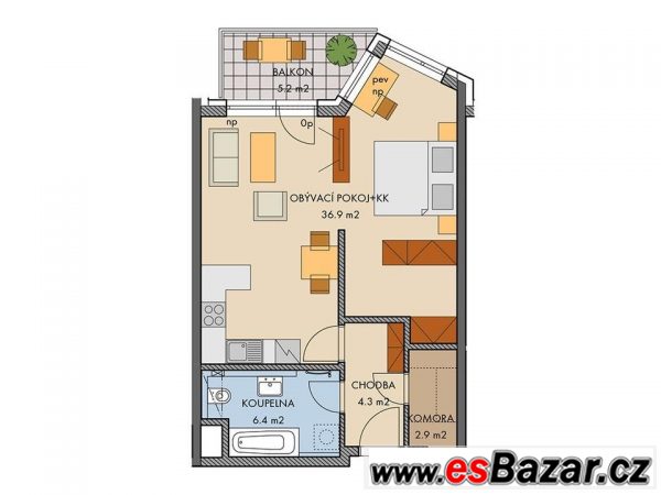 Krásný byt 2+kk o ploše 53 m2, s balkonem 5.2 m2