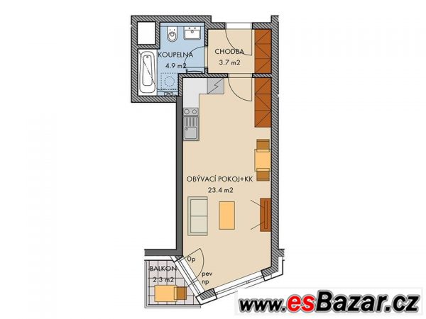 Útulný byt 1+kk o ploše 33 m2, s balkonem 2.3 m2