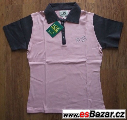 Jezdecké triko růžové s límečkem USG s motivem koně vel. 116