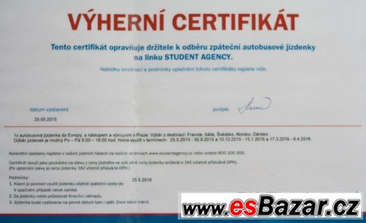 Certifikát pro 1x zpáteční autobusovou jízdenku SA