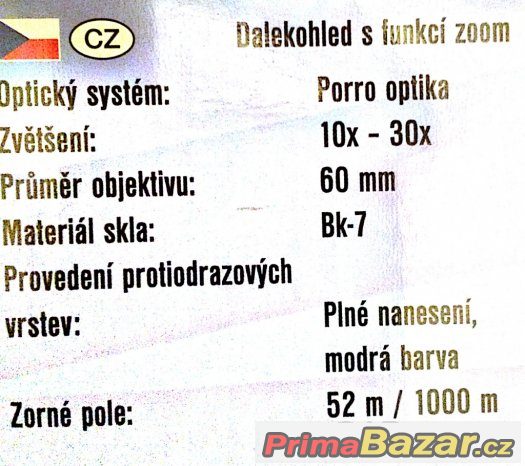 Dalekohled BRESSER ZOOM 10-30x60, kvalitní skleněná optika