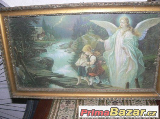 starožitný svatý obraz Anděl strážný ochraňuje děti