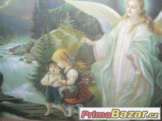 starožitný svatý obraz Anděl strážný ochraňuje děti