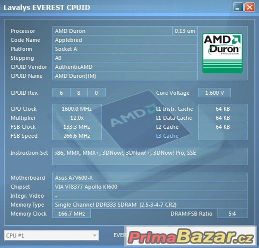 AMD Duron 1600 MHz Applebred DHD1600DLV1C sc.462 FUNKČNÍ