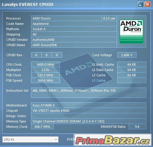 AMD Duron 1600 MHz Applebred DHD1600DLV1C sc.462 FUNKČNÍ