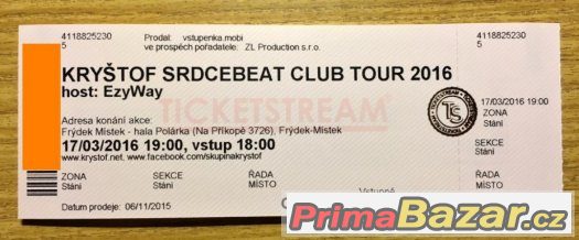 4 vstupenky Kryštof Srdcebeat Club Tour 2016 Frýdek-Místek