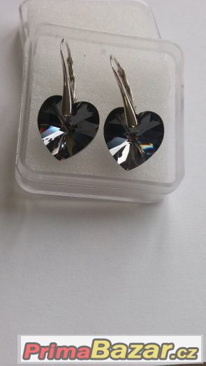 Stříbrné náušnice se Swarovski heart, silver night, nove