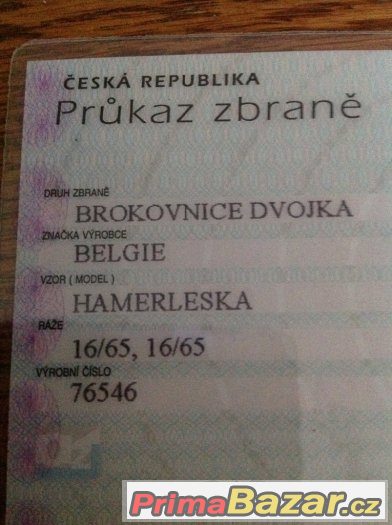 Prodám BROKOVNICI DVOJKU - HAMERLESKU BELGIE 16/65, 16/65