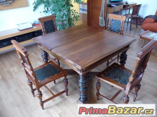 Starožitný stůl ořech + 4 židle, kolem r.1880 Starožitný stůl ořech + 4 židle, kolem r.1880