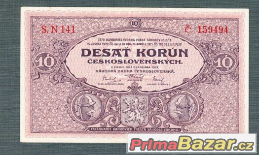 Staré bankovky - První republika 10 korun 1927, pěkný stav