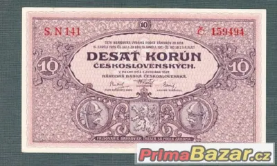 Staré bankovky - První republika 10 korun 1927, pěkný stav