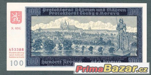 Staré bankovky - Protektorát 100 korun 1940, I.vydání, pěkná