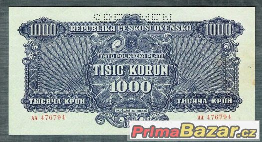 Staré bankovky - 1000 korun 1944, pěkný stav