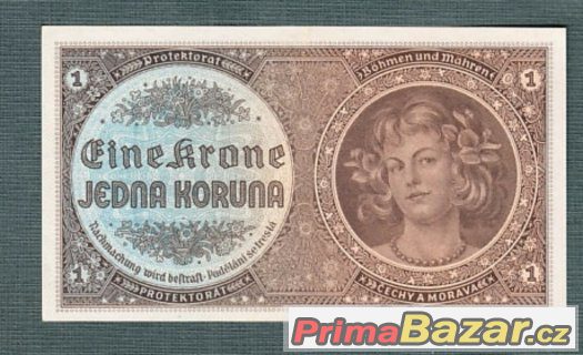 Staré bankovky - Protektorát 1 koruna 1940, pěkný stav