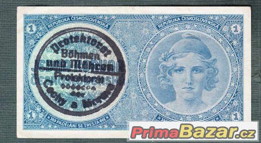 Staré bankovky - Protektorát 1 koruna 1940 PŘETISK
