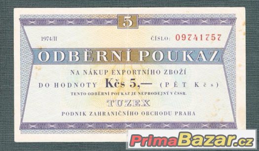 Staré bankovky - TUZEX BONY 5 kčs, pěkný stav