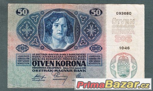 Staré bankovky - 50 korun 1914 VZÁCNÁ bez přetisku