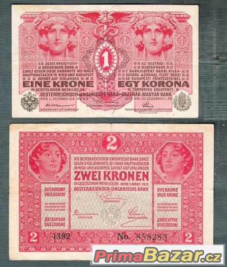 Staré bankovky - 1 koruna 1916 a 2 korun 1917, bez přetisku