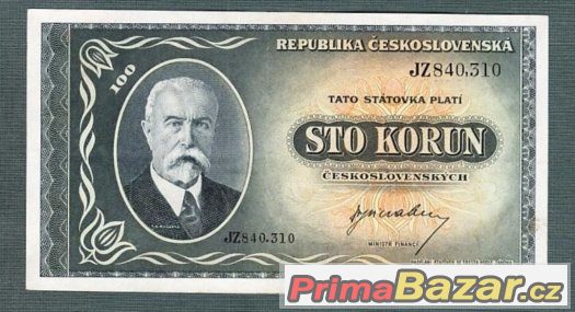 Staré bankovky - 100 kčs 1945 Masaryk, pěkný stav