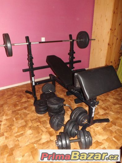 Posilovací lavice+čínka na bench+čínka na biceps+závaží