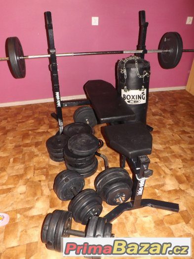 Posilovací lavice+čínka na bench+čínka na biceps+závaží