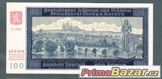 Staré bankovky - Protektorát 100 korun 1940, bezvadný stav