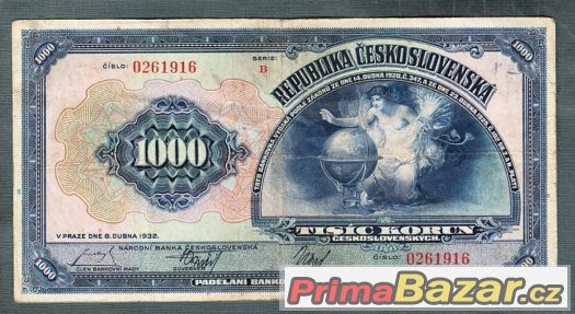 Staré bankovky 1000 korun 1932 NEPERFOROVANA