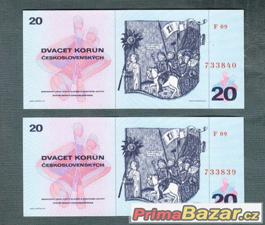 Staré bankovky - 20 kčs 1970 DVĚ PO SOBĚ