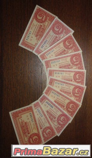 Staré bankovky - 5 kčs 1949 - 10kusů NEPERFOROVANÉ Staré bankovky - 5 kčs 1949 - 10kusů NEPERFOROVANÉ