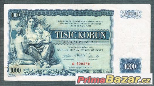 Staré bankovky - 1000 korun 1934 NEPERFOROVANA