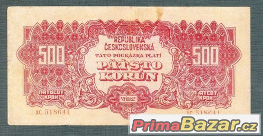 Staré bankovky - 500 korun 1944 NEPERFOROVANA Vzácná