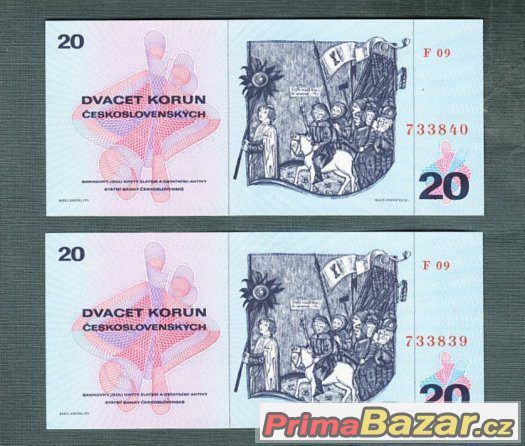 Staré bankovky - 20 kčs 1970 DVĚ PO SOBĚ , bezvadný stav