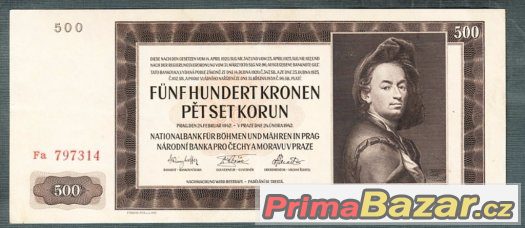 Staré bankovky - 500 korun 1942 NEPERFOROVANA pěkný stav