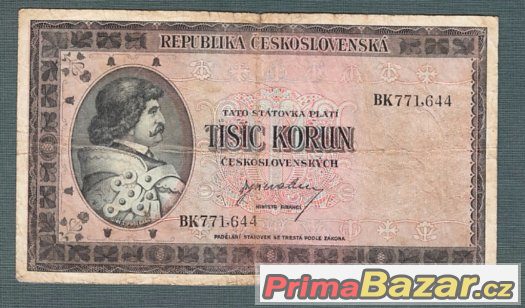 Staré bankovky - 1000 kčs 1945 , neperforovana