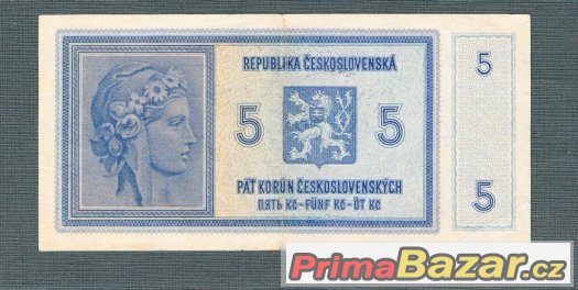 Staré bankovky - 5 korun 1940 Přetisk , Vzácná