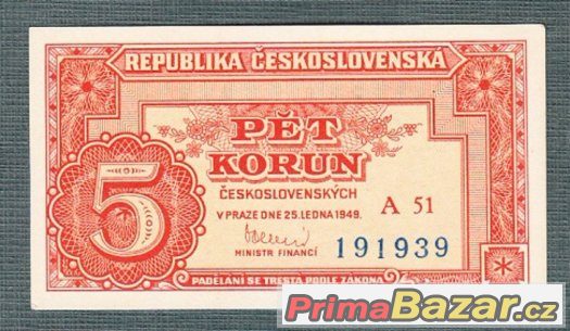Staré bankovky - 5 kčs 1949 bezvadný stav
