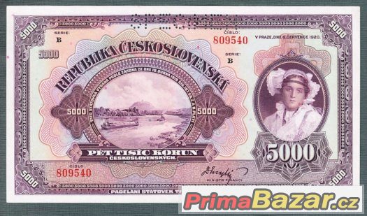 Staré bankovky 5000 korun 1920 bezvadný stav