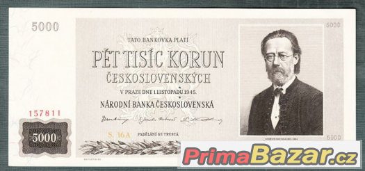 Staré bankovky - 5000 kčs 1945 Smetana bezvadný stav