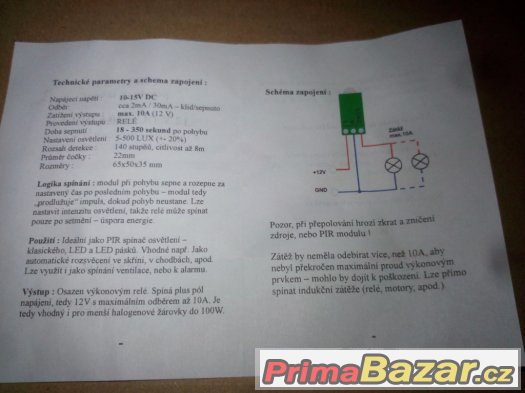 Pohybový senzor 12VDC, 10A relé.