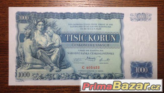 Staré bankovky - 1000 korun 1934 NEPERFOROVANA, pěkná
