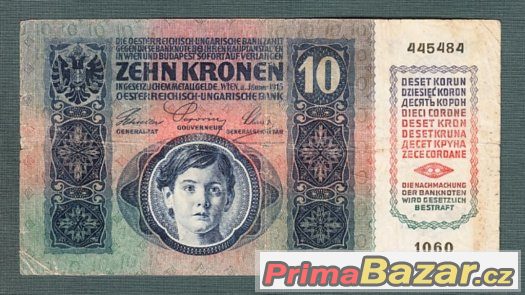 Staré bankovky - 10 korun 1915 bez přetisku