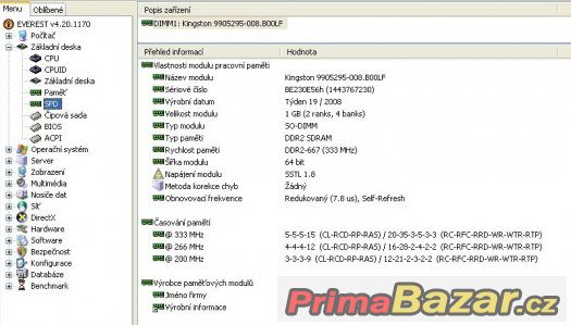 Notebooková paměť SO-DIMM 1 GB DDR2-667  FUNKČNÍ