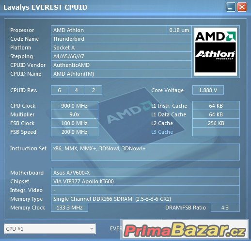 AMD Athlon 900 MHz Thunderbird A0900AMT3B sc.462 FUNKČNÍ