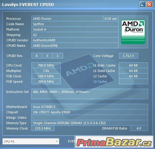 AMD Duron 700 MHz Spitfire D700AUT1B sc.462 FUNKČNÍ